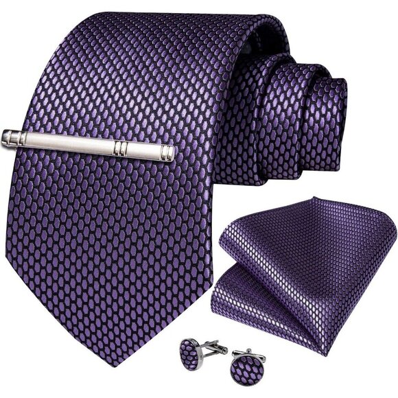🆕Men Purple Plaid Silk Checkered Necktie Pocket Square Cufflinks Tie Clip Set - Picture 6 of 8